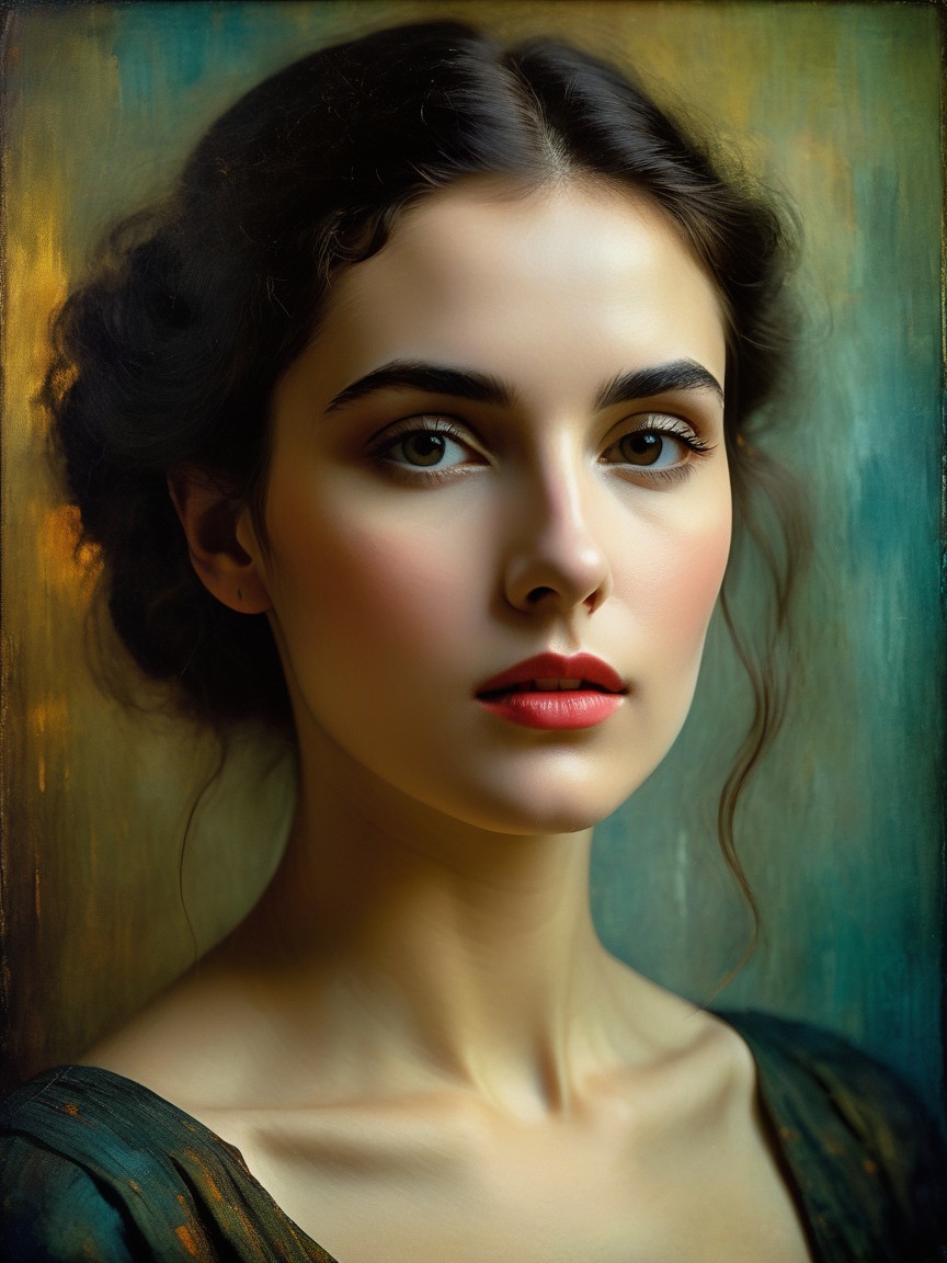 Portrait of a Woman with Flowing Dark Hair and Red Lips