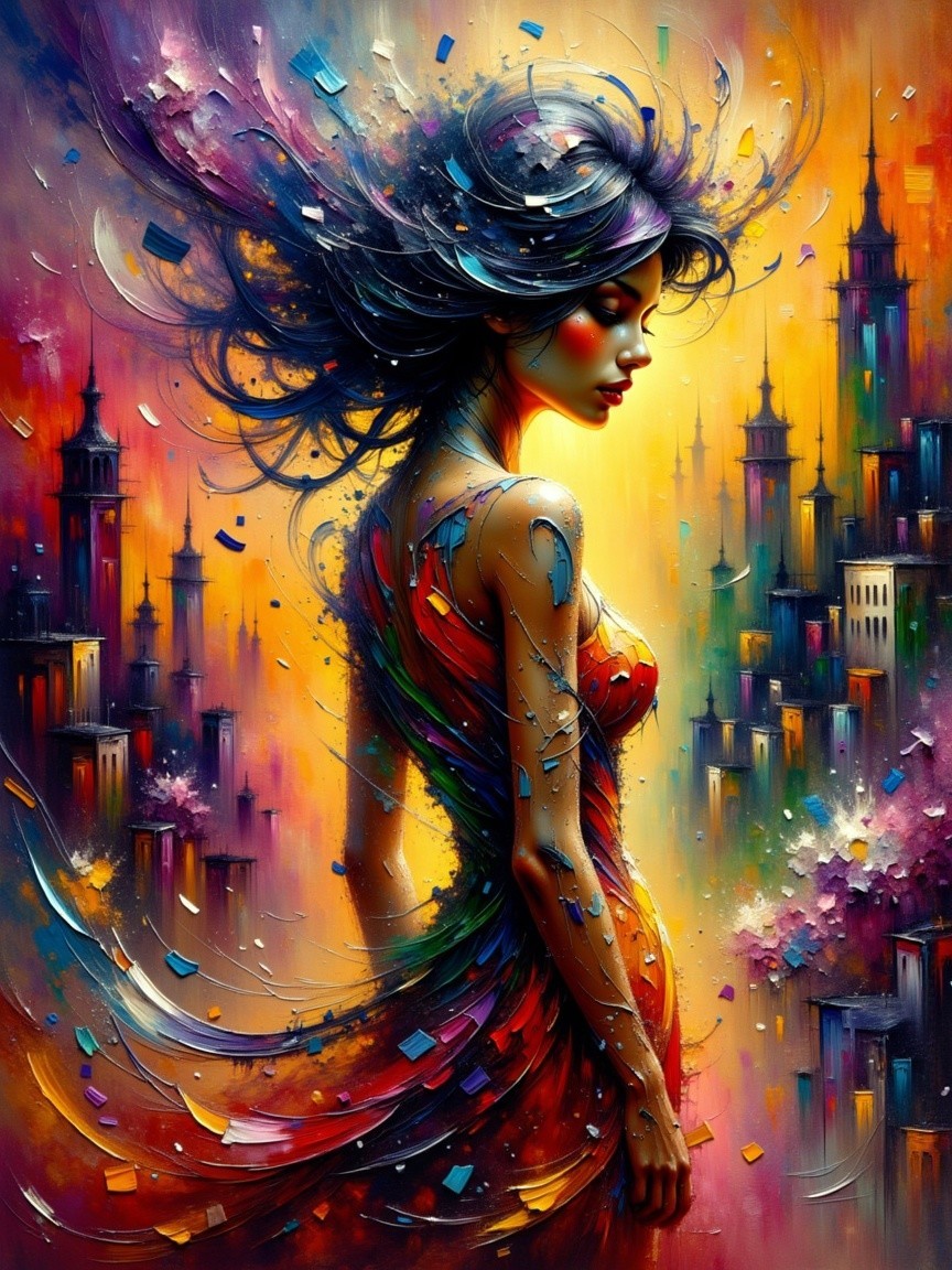 Woman in vibrant cityscape with colorful hair design