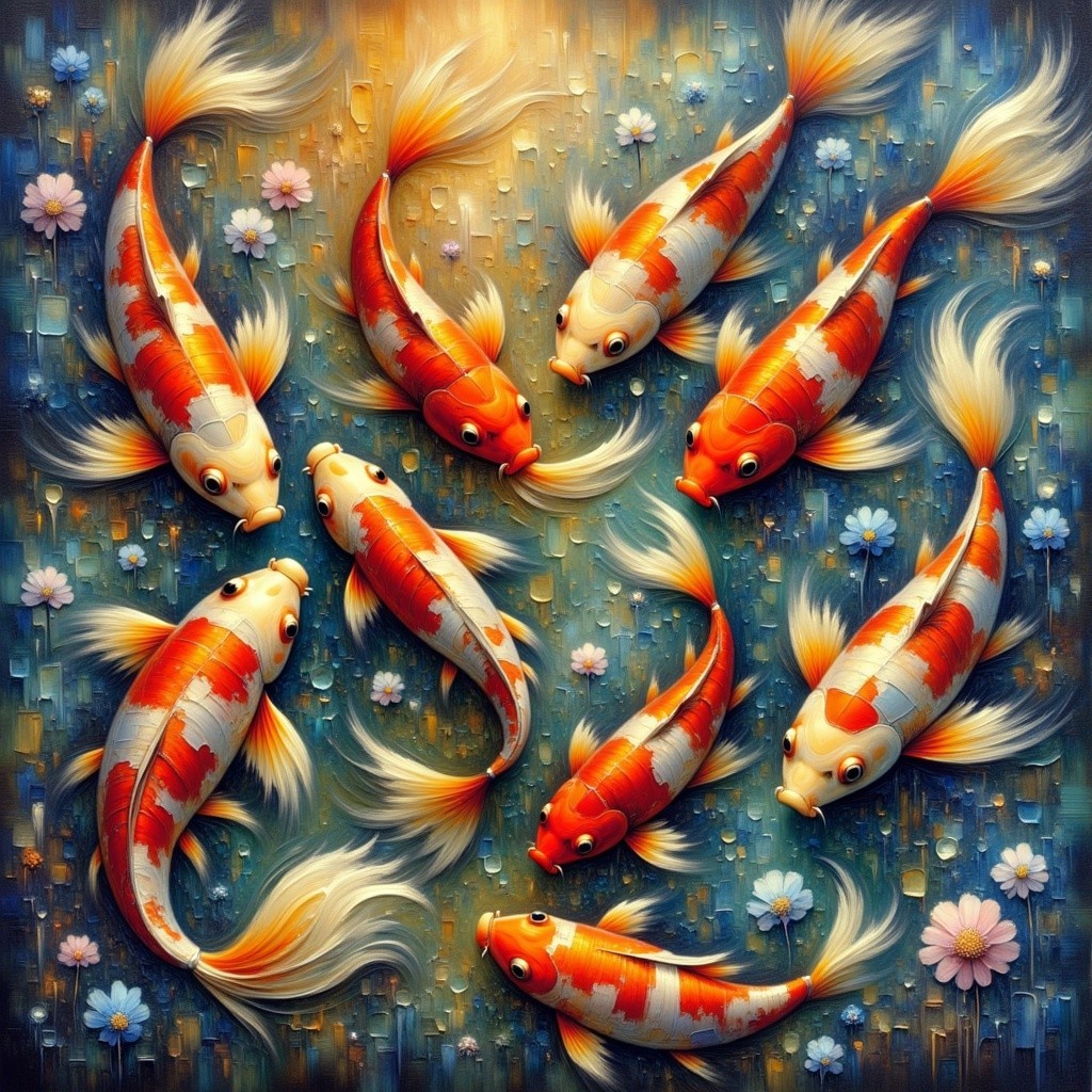 Vibrant Koi Fish in a Tranquil Blue Pond Scene