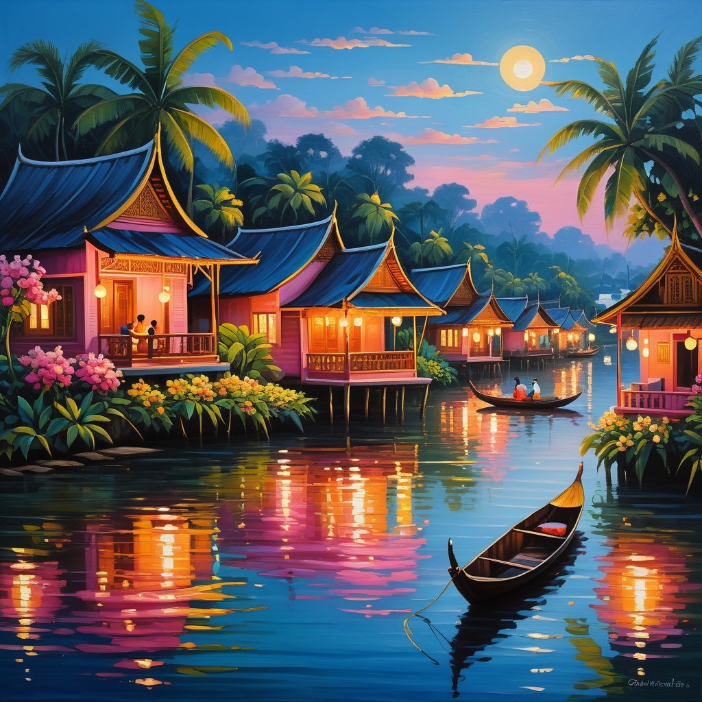 Colorful Riverside Houses Under a Full Moon Glow