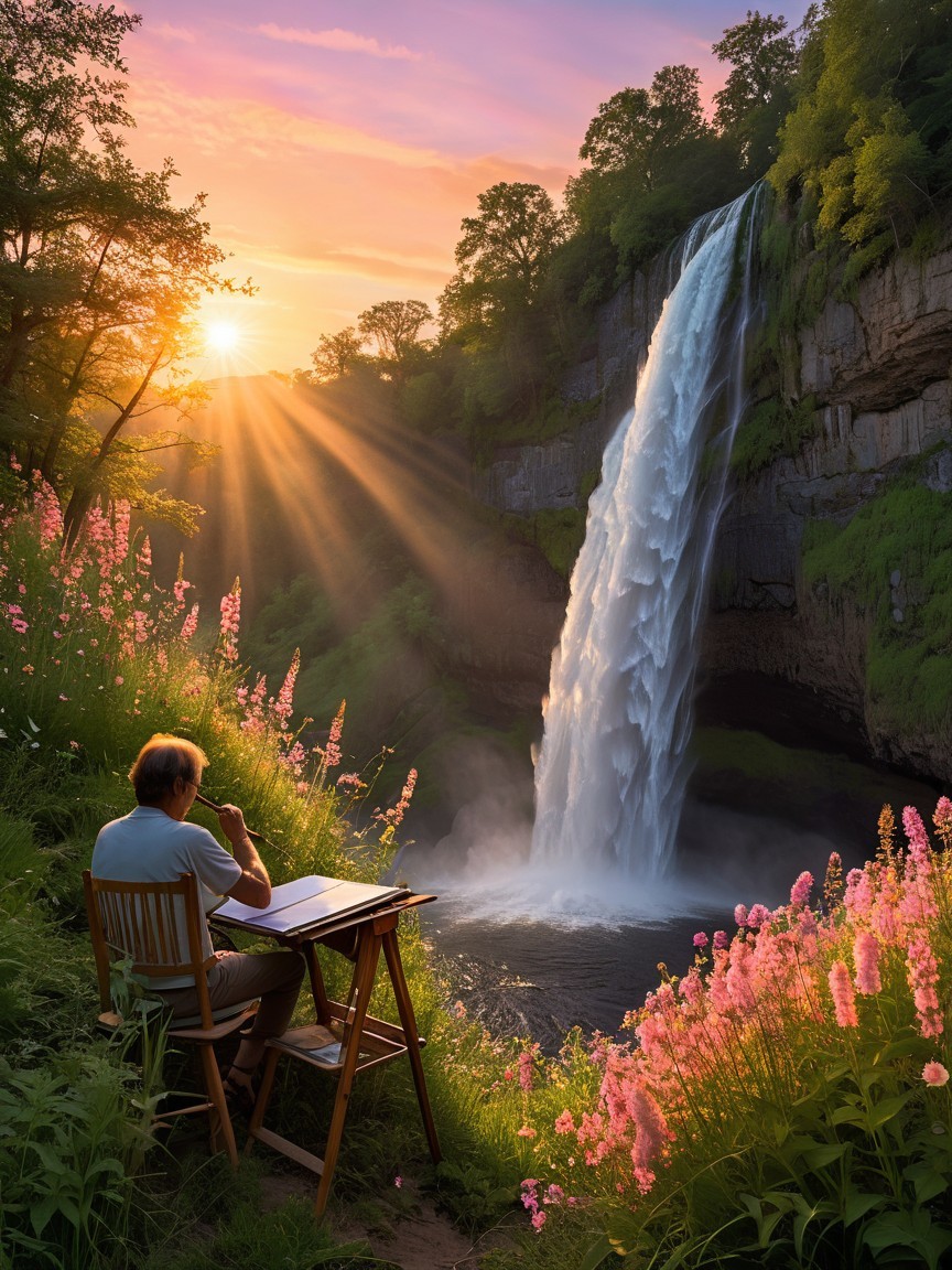 Painting by a Waterfall Surrounded by Pink Flowers