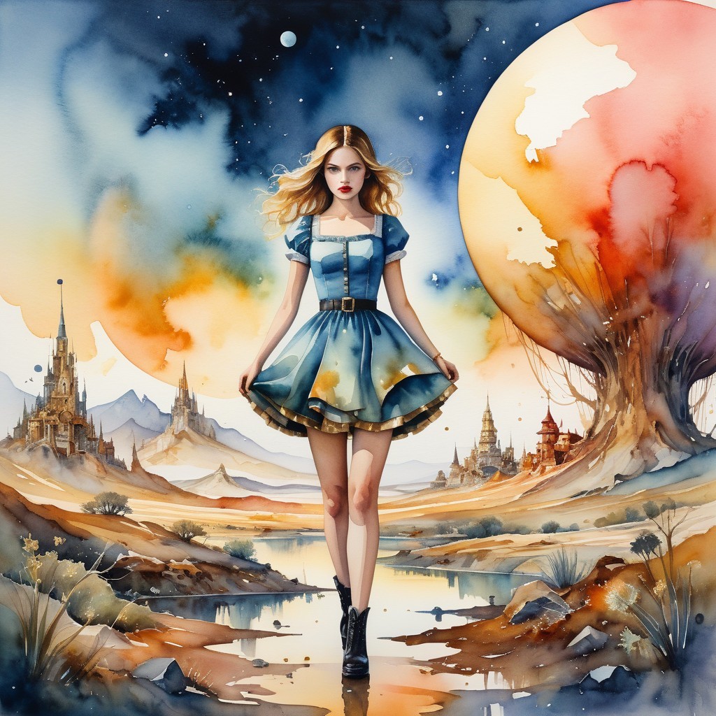 Whimsical Landscape with Girl in Blue Dress
