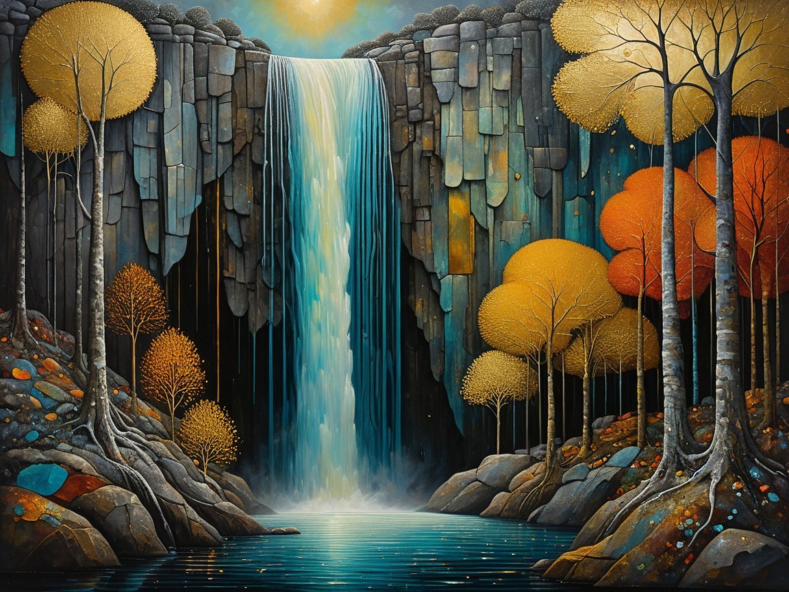 Autumn Waterfall Surrounded by Colorful Trees