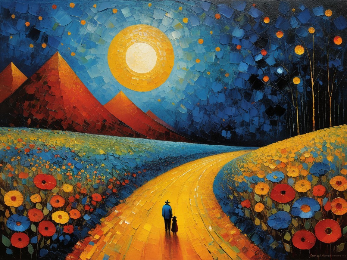 Vibrant Landscape with Colorful Hills and Figures