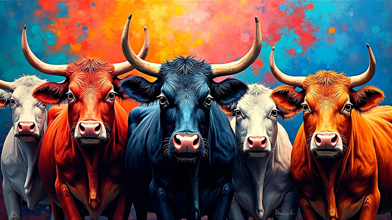 Vibrant Composition of Five Colorful Cows Together