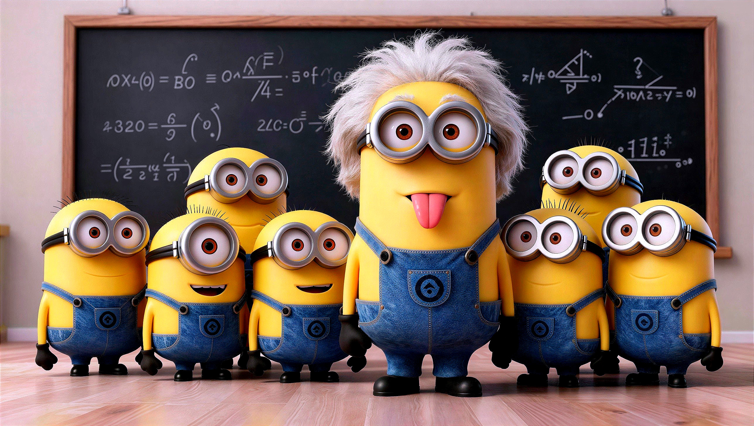 Minions in Classroom with Chalkboard and Expressions