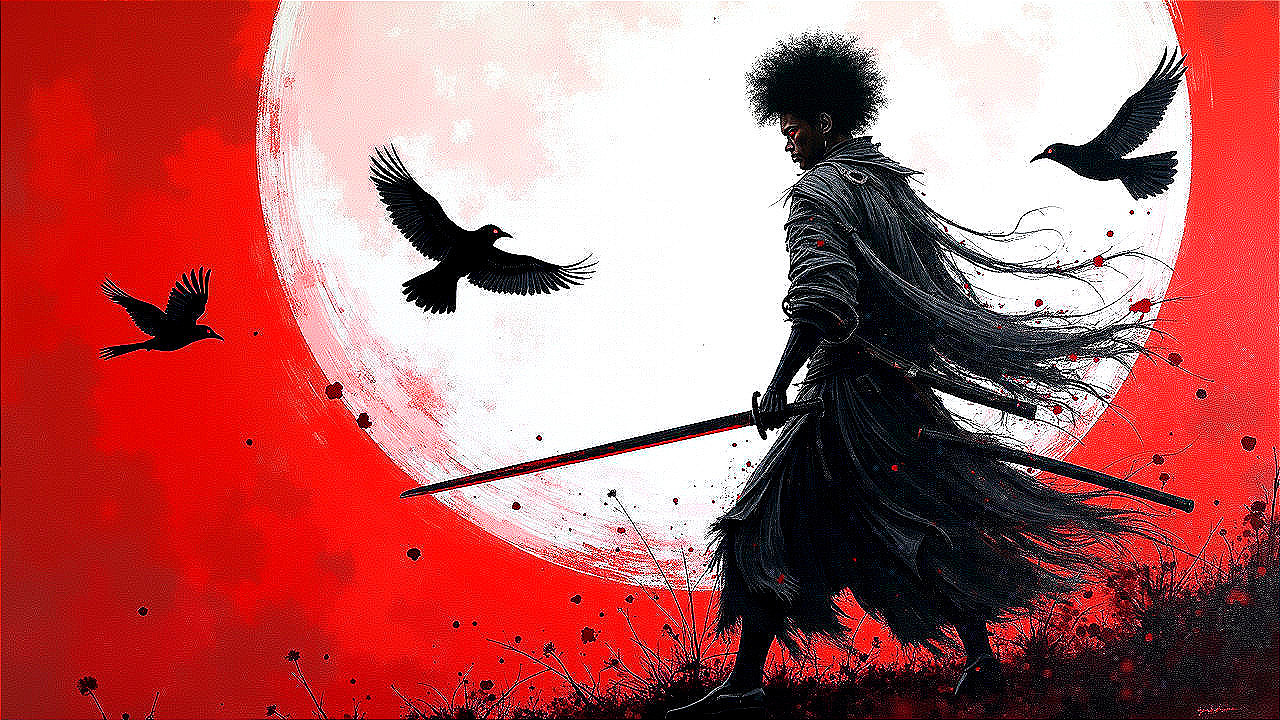 Silhouetted Figure with Sword Against Red Moon Backdrop