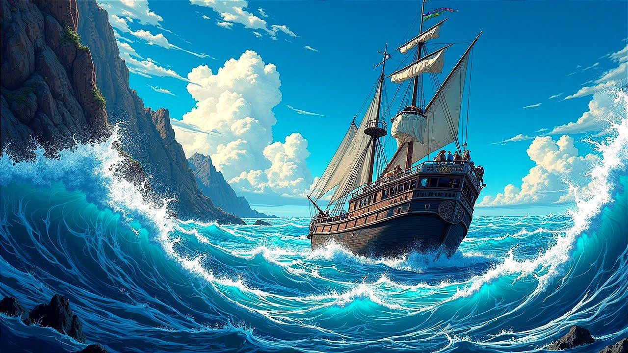 Tall Ship Sailing Through Vibrant Blue Waves and Cliffs