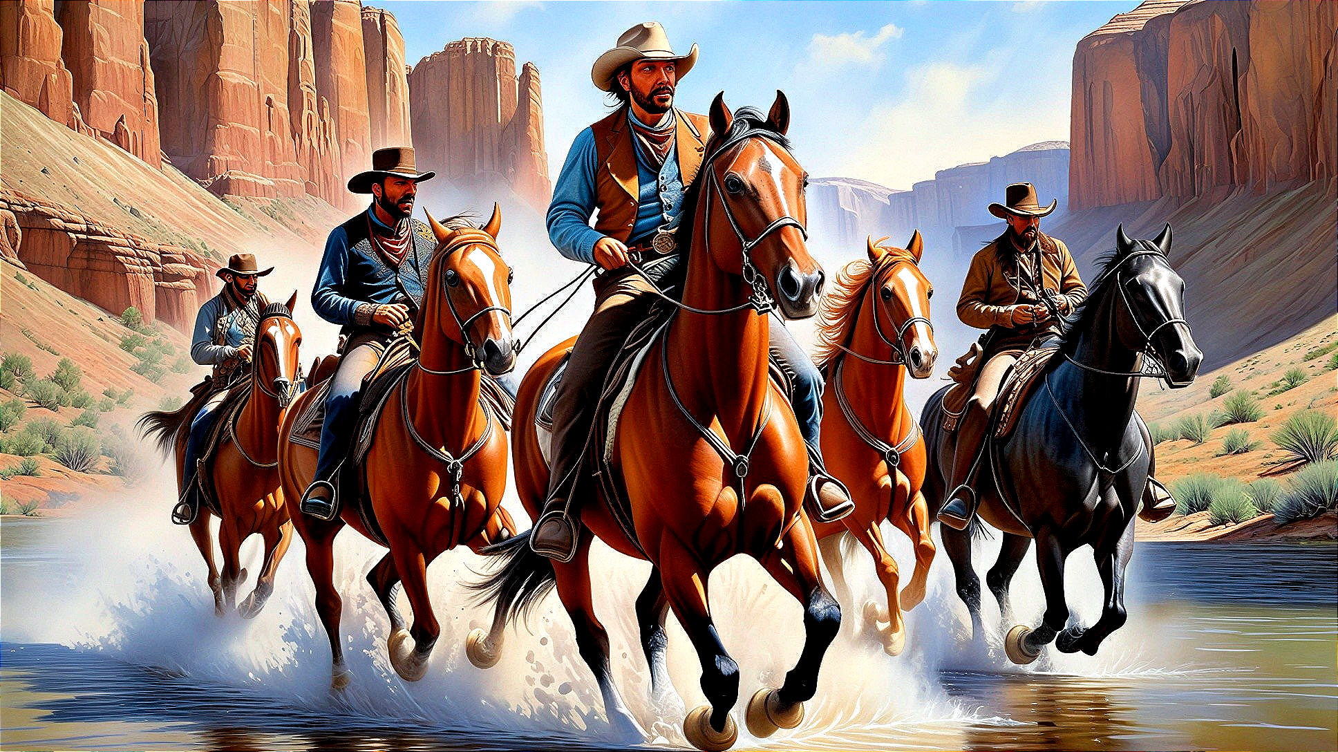 Cowboys Riding Through Canyons in Shallow Waters