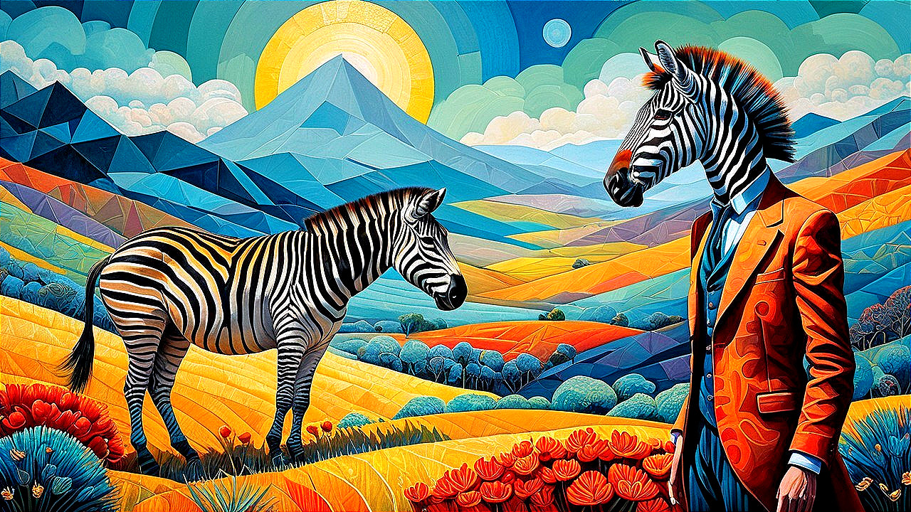 Vibrant Surreal Landscape with Zebras and Colorful Sun