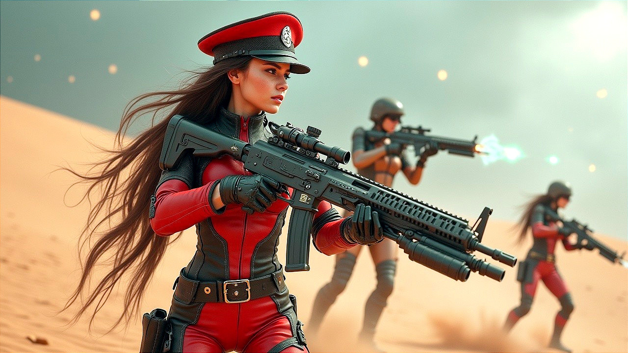 Female Soldier in Tactical Outfit in Desert Combat Scene