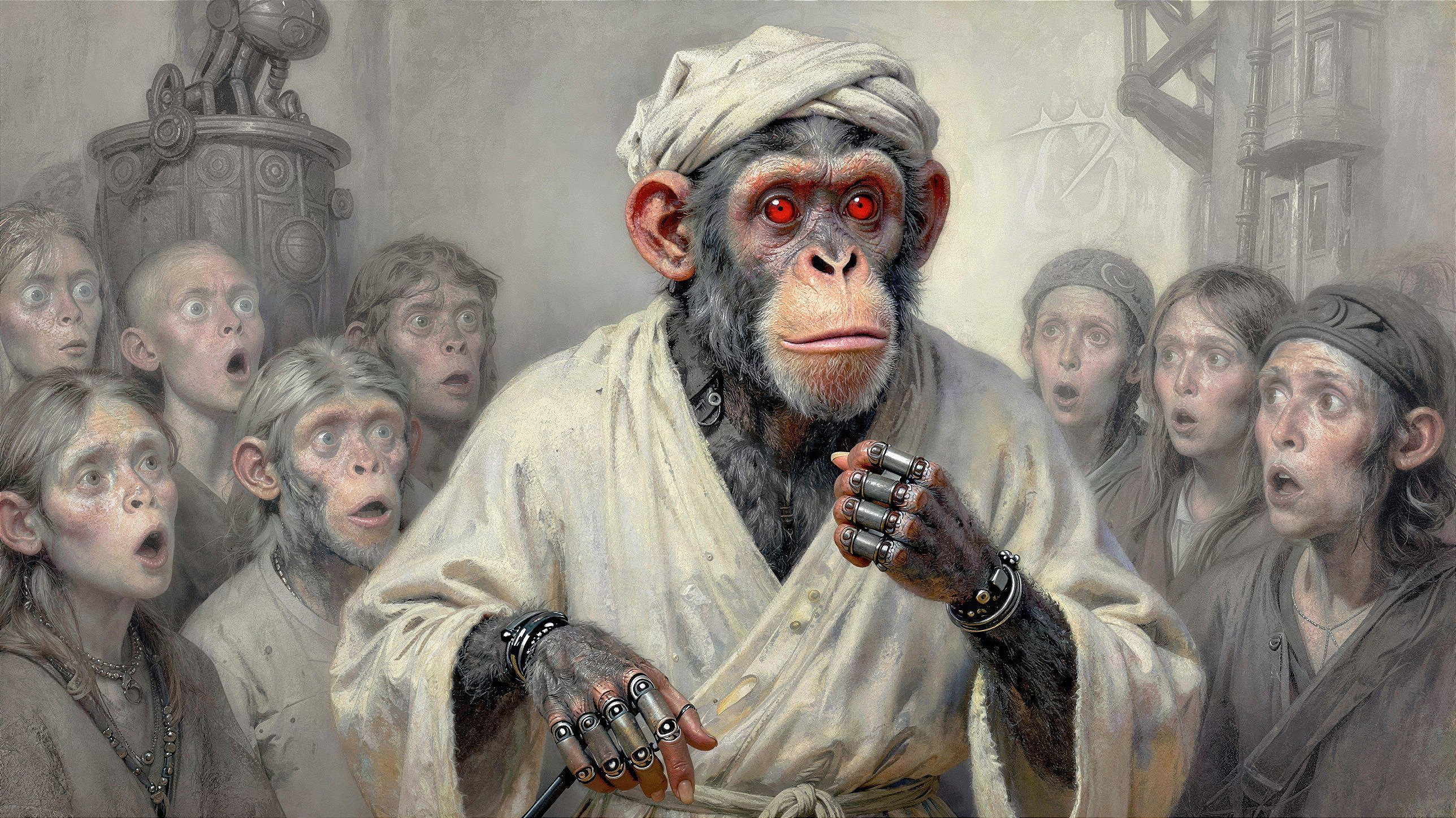 Hyper-realistic painting of a chimpanzee with cyborg features
