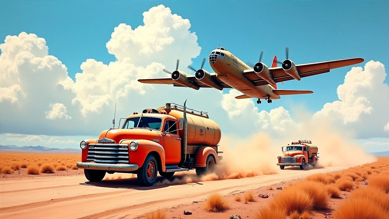 Vintage Trucks and Airplane Over Desert Landscape