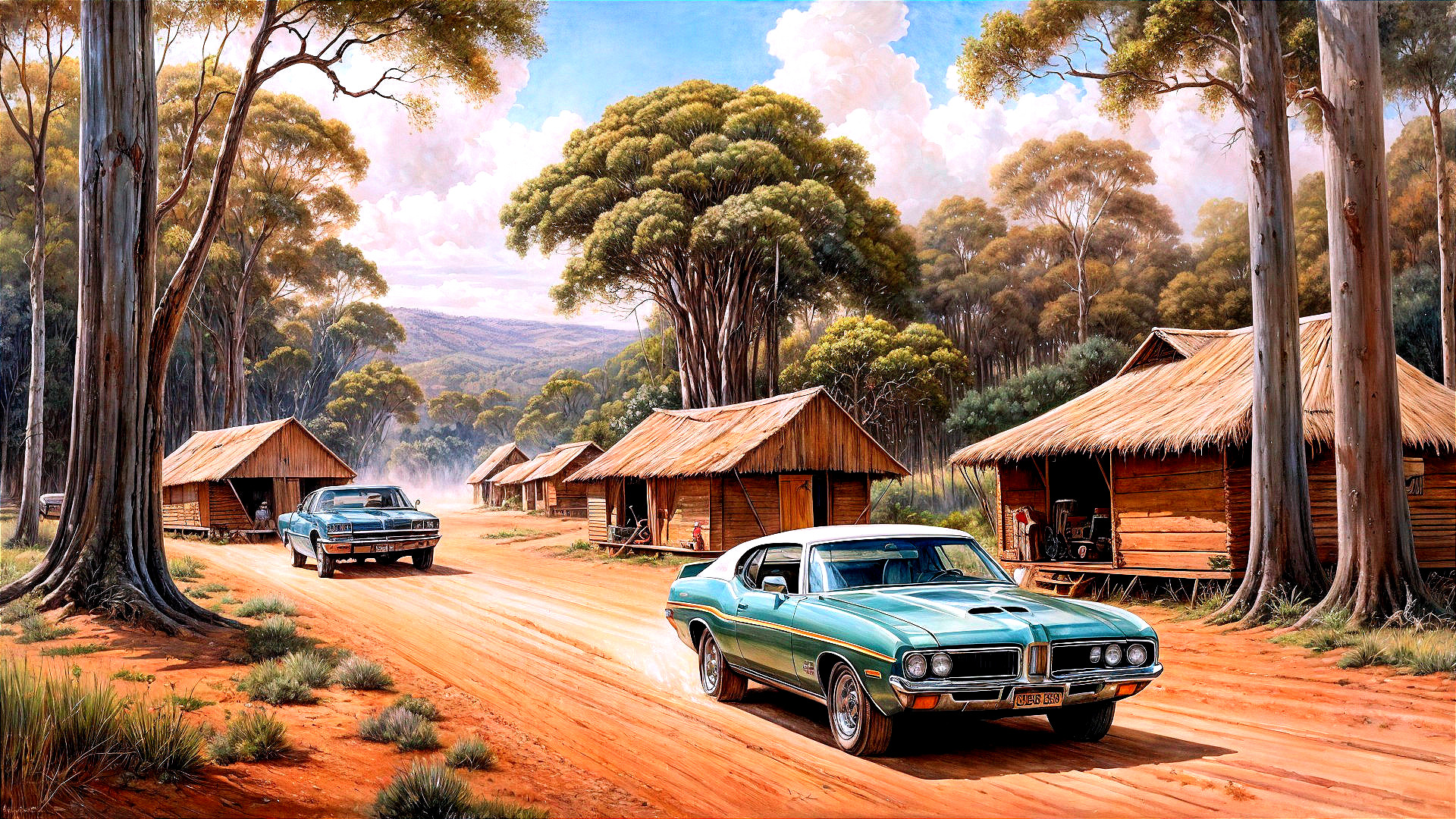 Rural Scene with Classic Cars and Lush Landscape