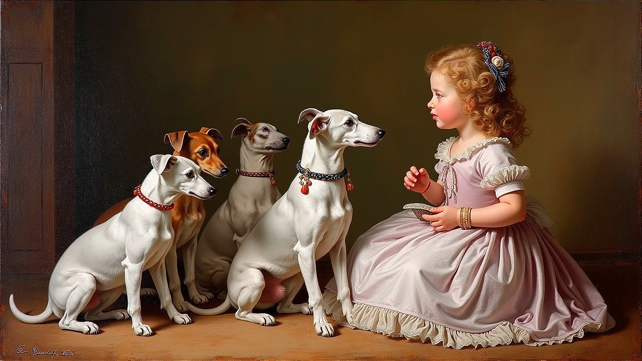 Young girl in pink dress with four curious dogs