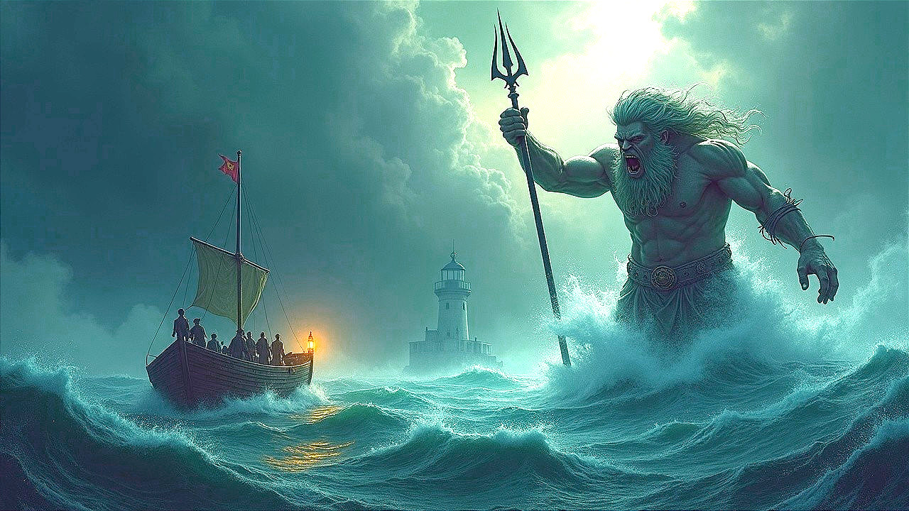 Colossal sea god rises from turbulent waves with trident