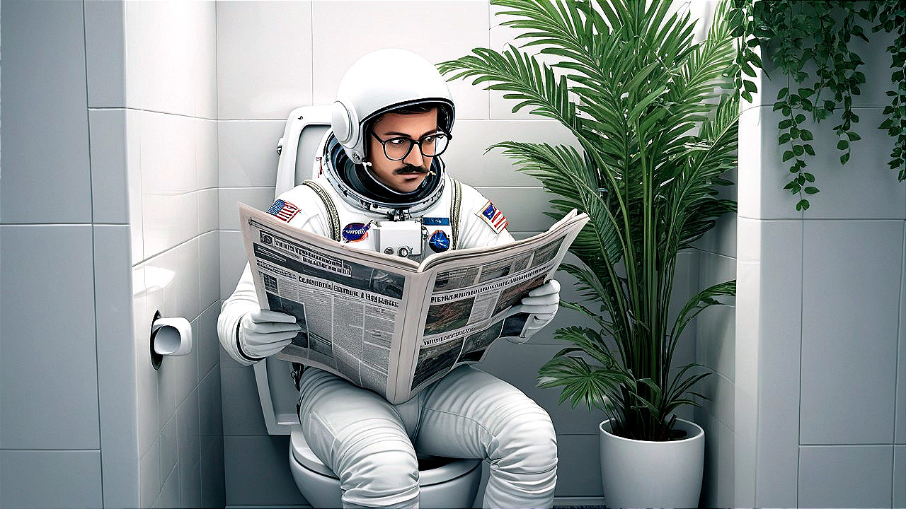 Astronaut in Space Suit Reading Newspaper on Toilet