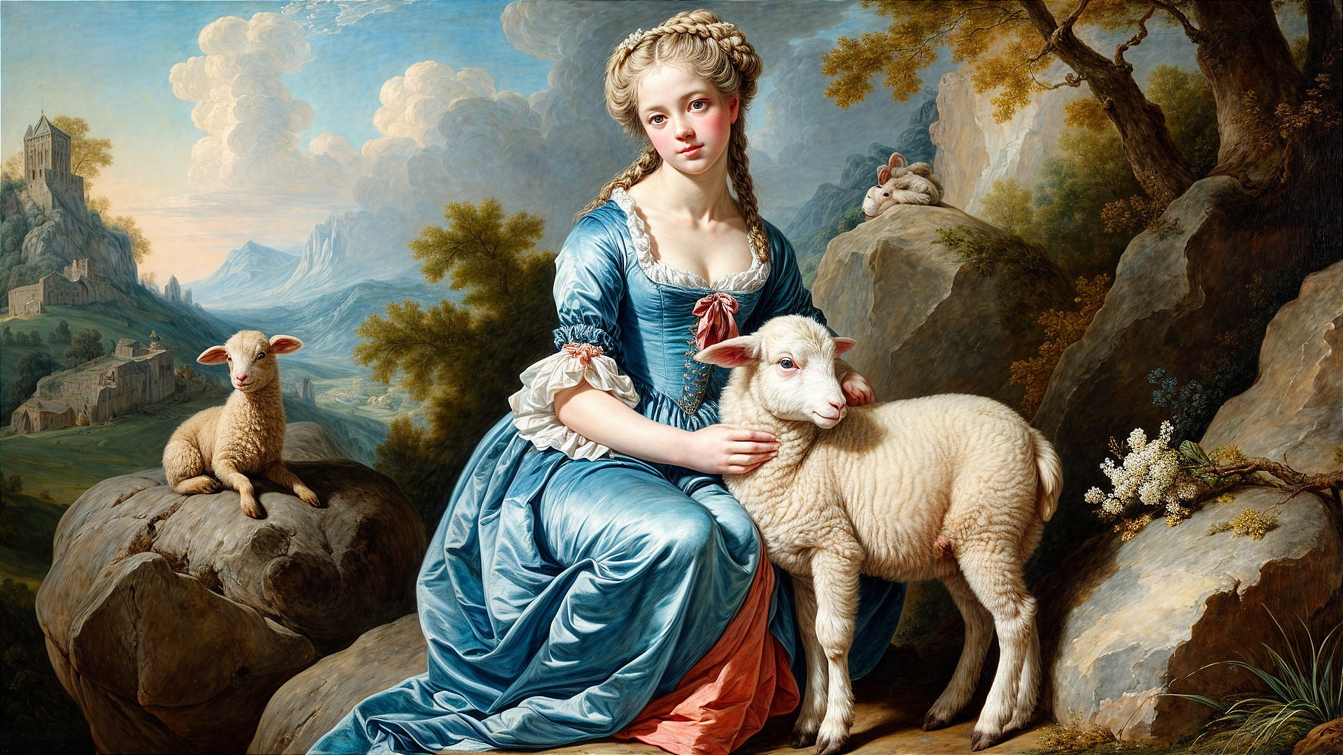 Young Woman in Blue Gown with Lambs in Nature
