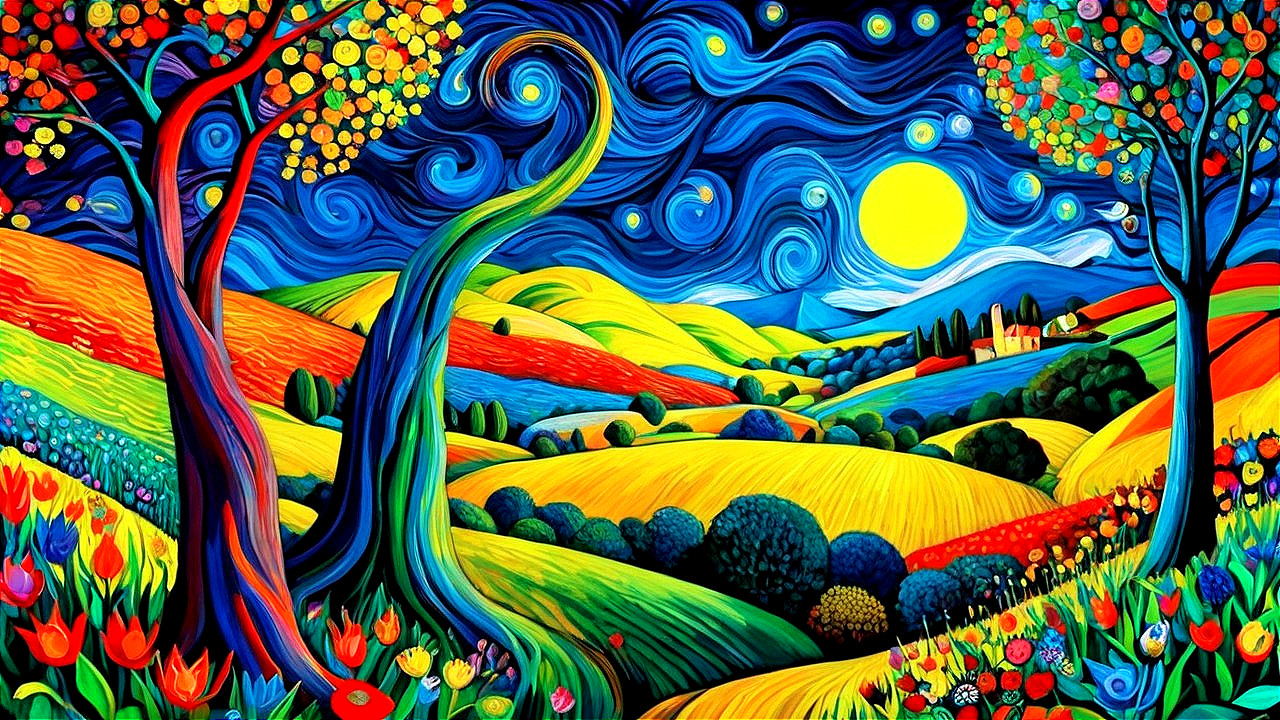 Vibrant Landscape with Colorful Fields and Trees