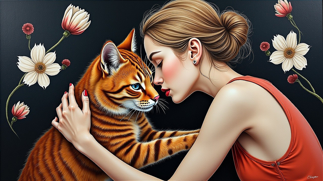 Close-up of Woman and Orange Cat Bonding with Flowers