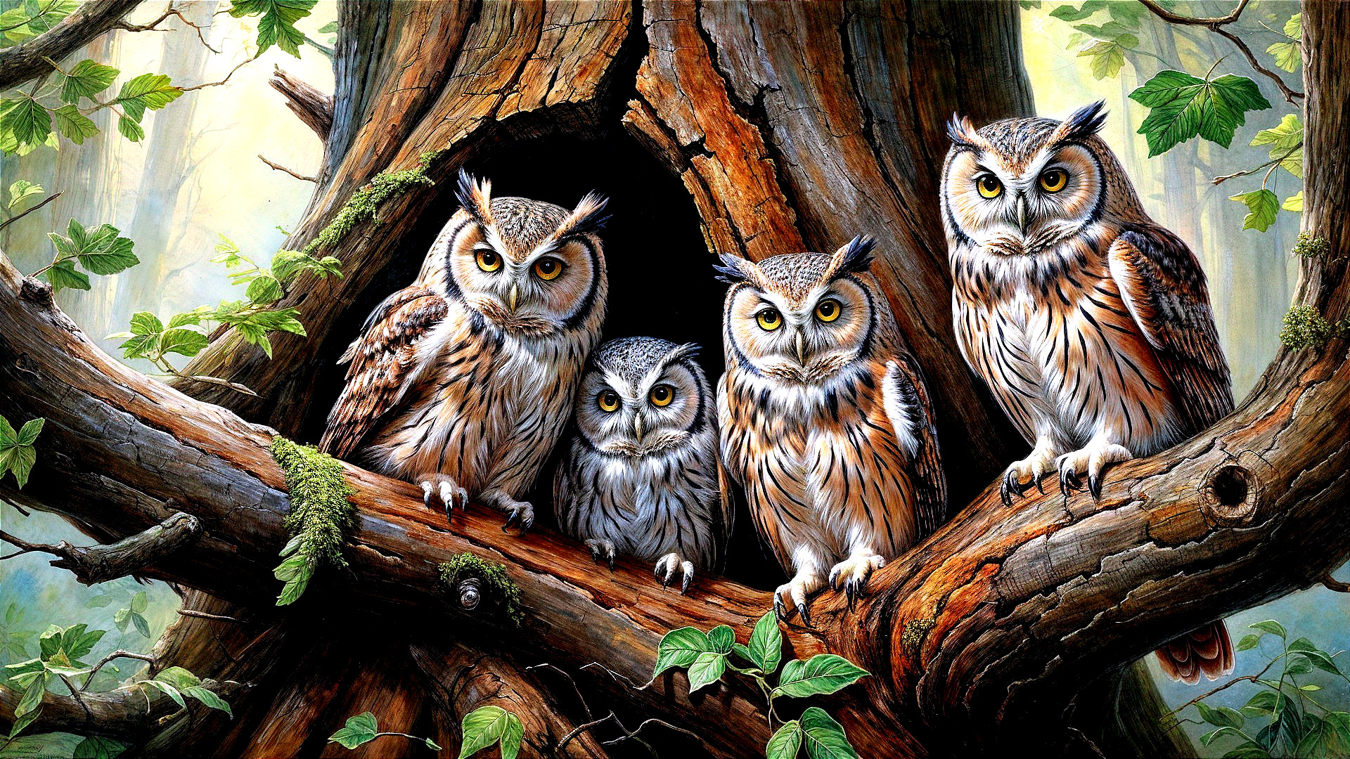 Woodland Scene with Four Owls on a Tree Trunk