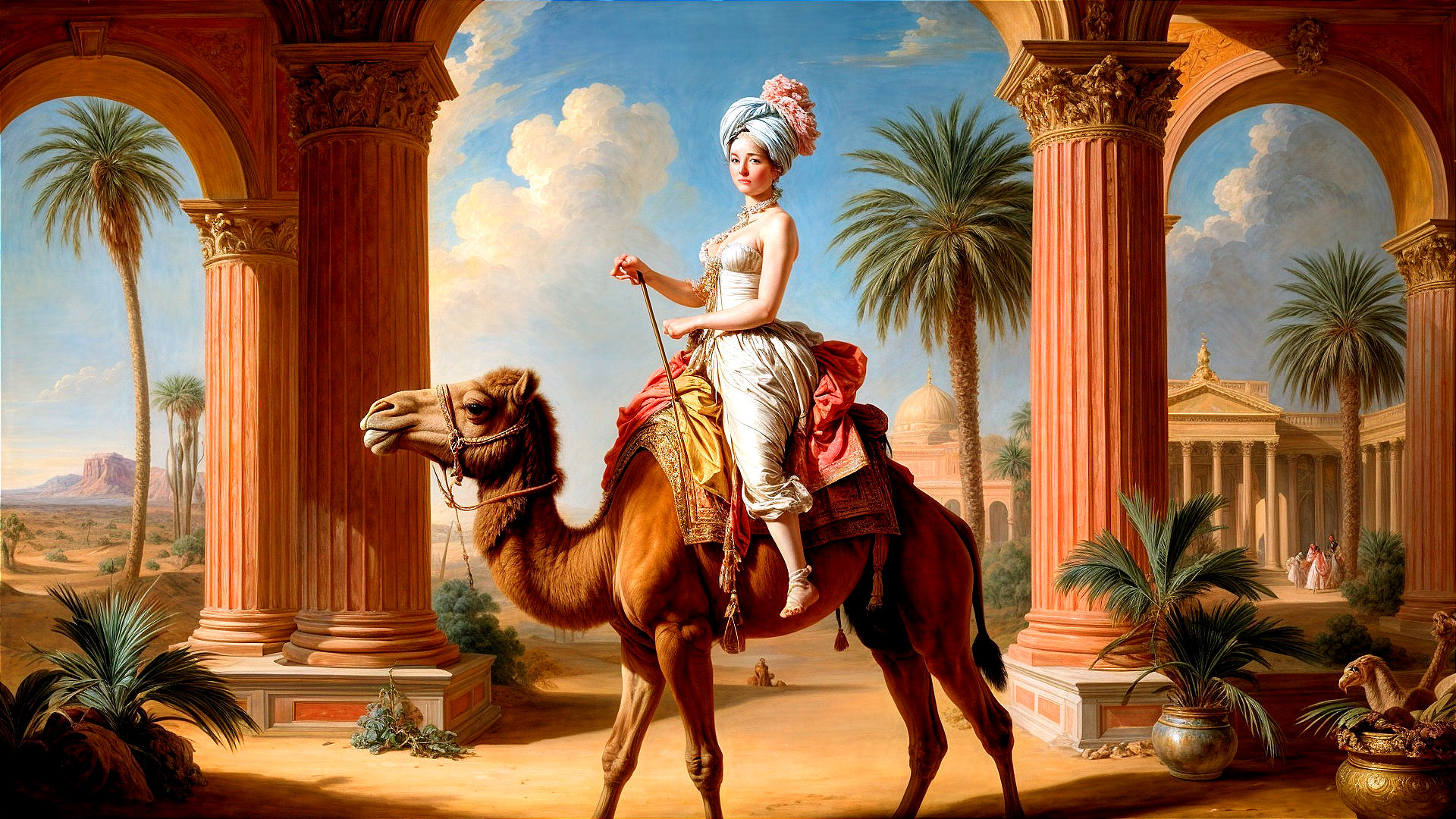 Woman in White Gown on Camel in Desert Landscape