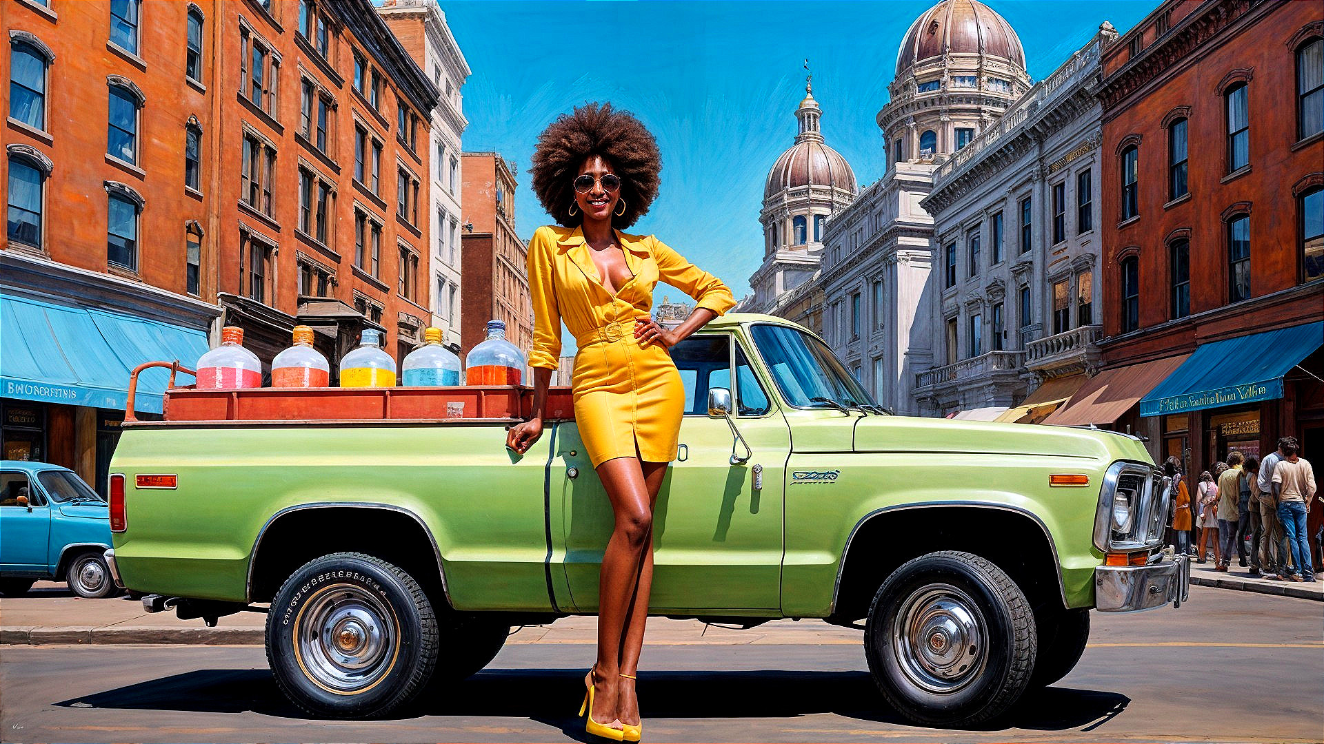 Stylish Woman in Yellow Dress by Classic Green Truck