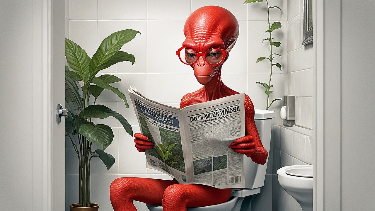 Alien Figure with Red Skin Reading on Toilet