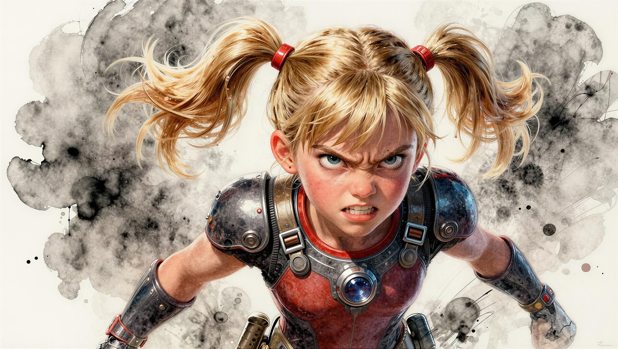 Cartoon girl in armor with blonde ponytails and freckles