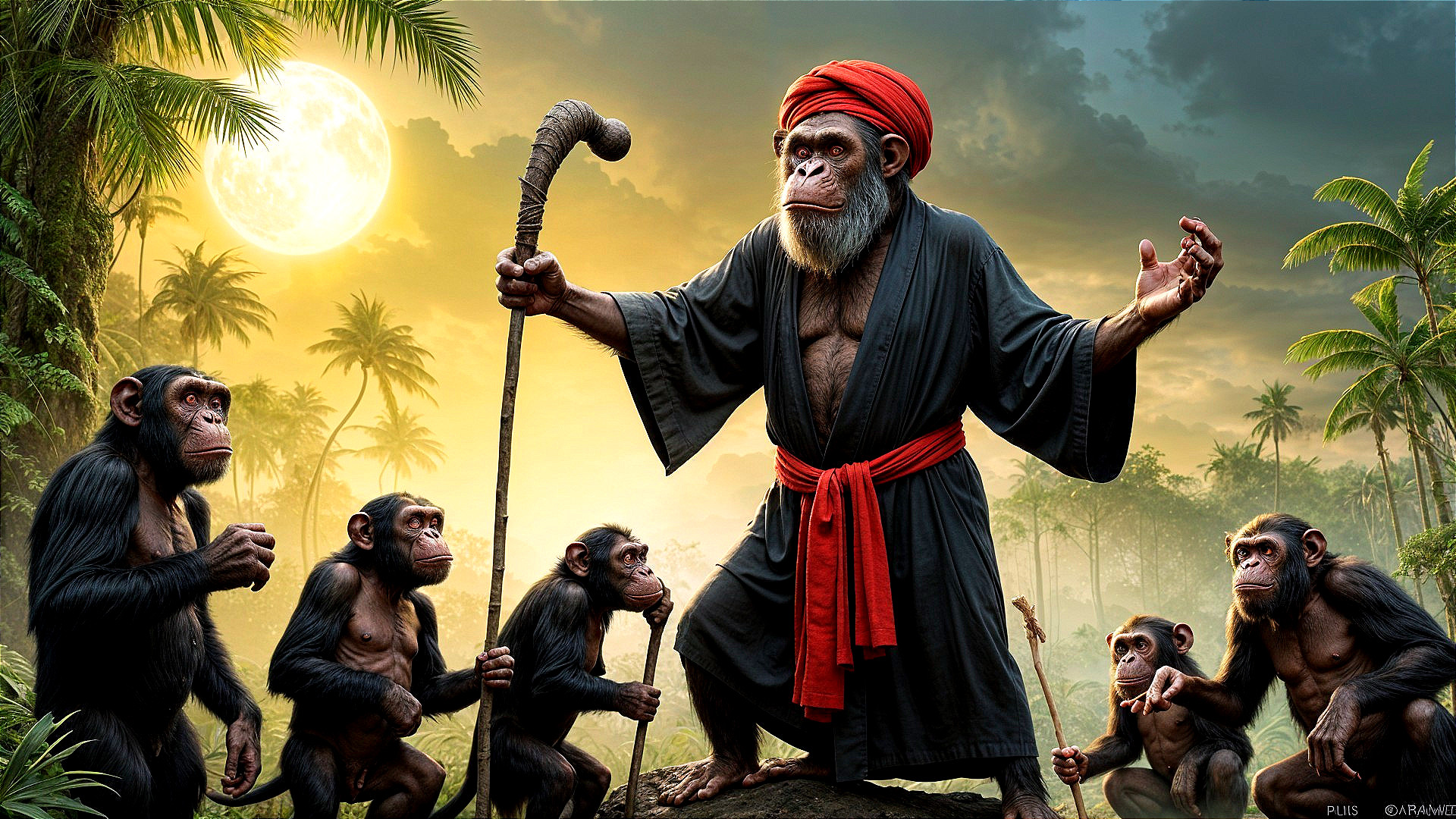 Regal Chimpanzee in Traditional Attire Under Moonlight