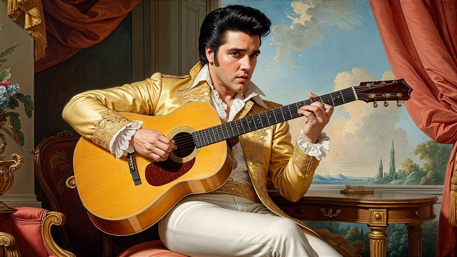 Elegant Musician in Lavish Room with Guitar
