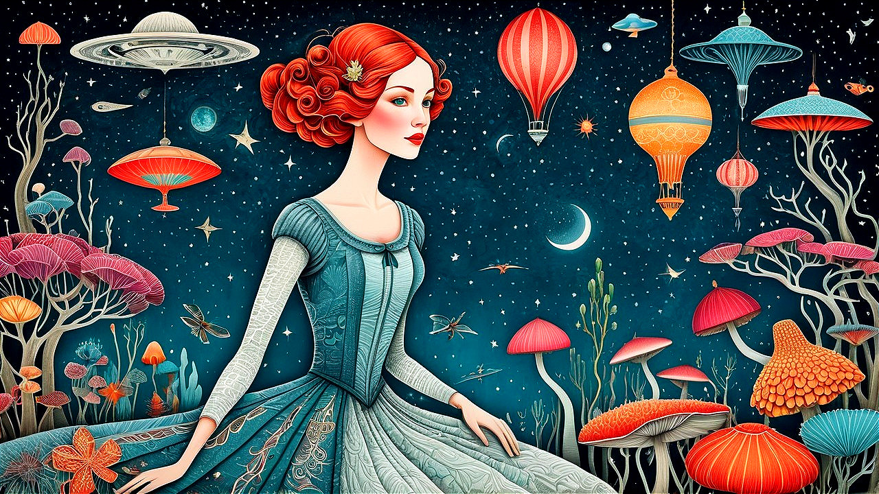 Whimsical Scene of a Young Woman in Surreal Landscape