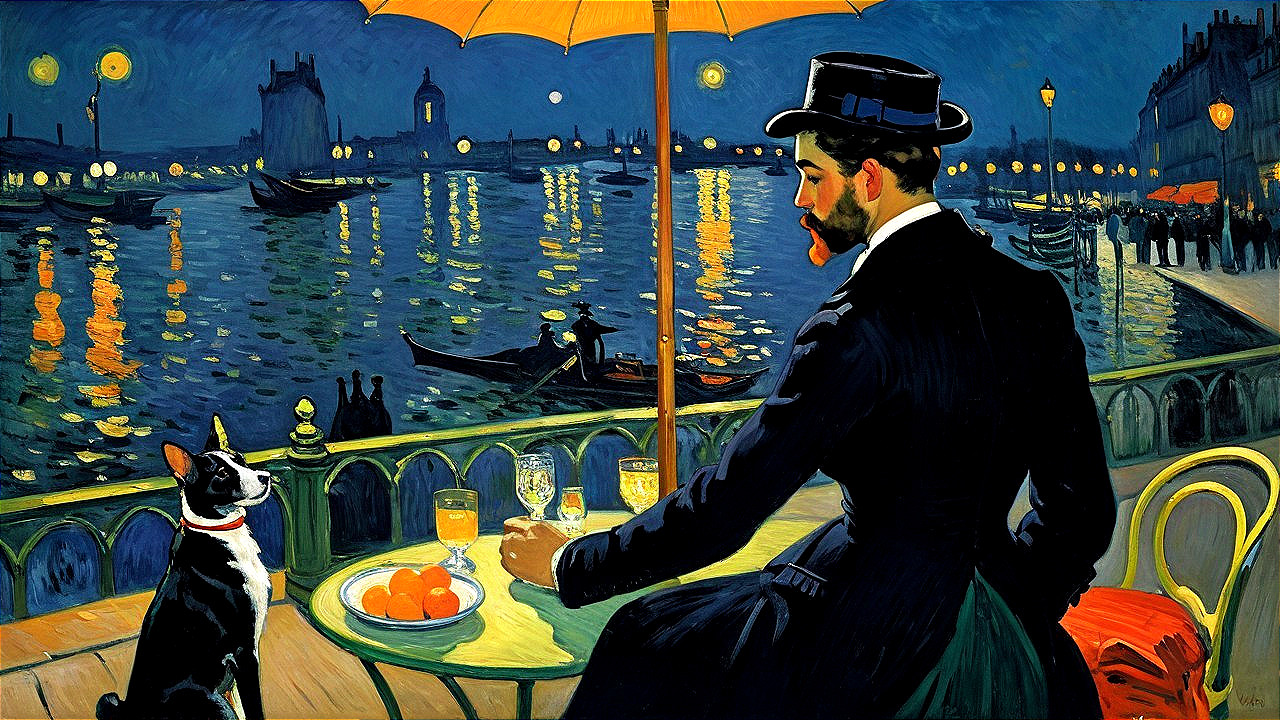 Man in formal attire at café by shimmering river