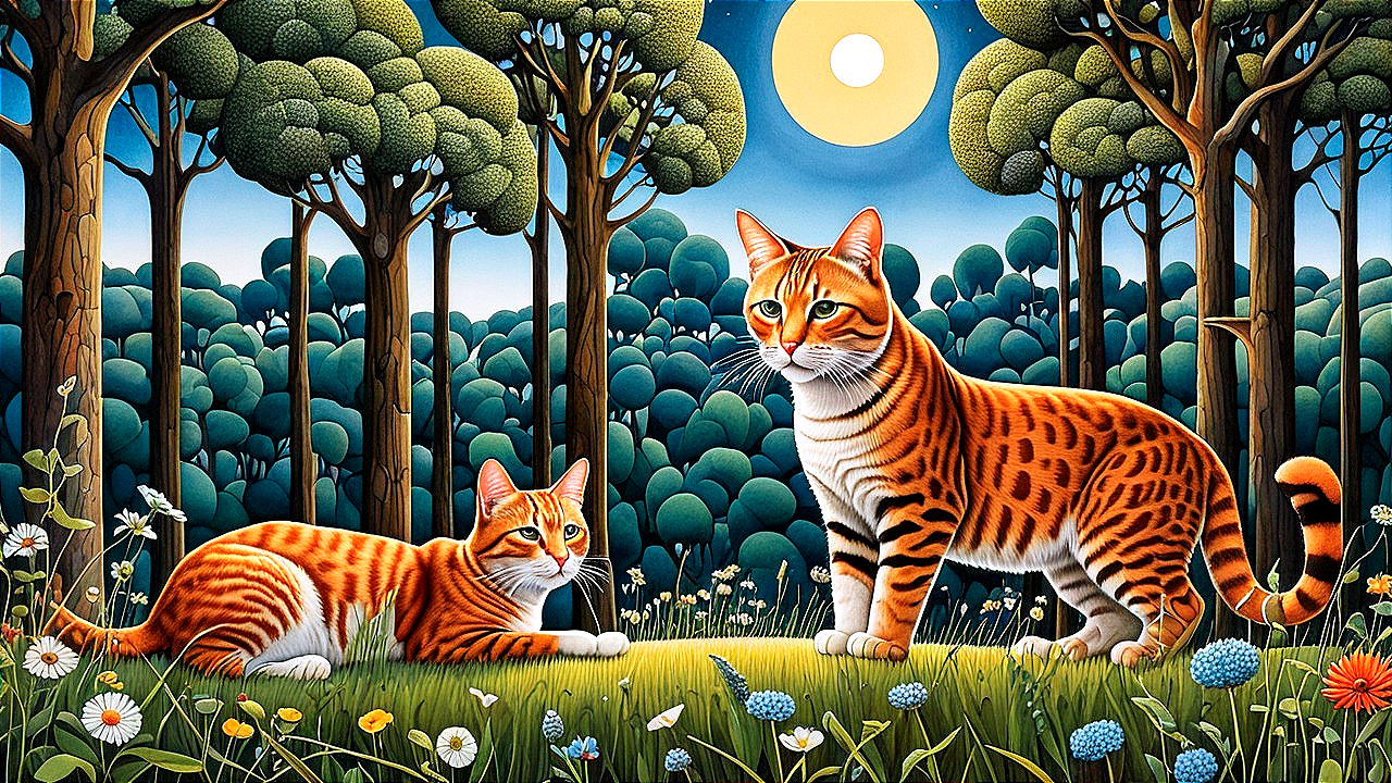 Moonlit Forest Scene with Orange Tabby Cats