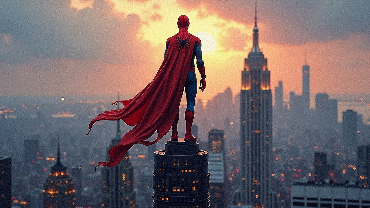 Superhero Figure on Skyscraper at Sunset Over City