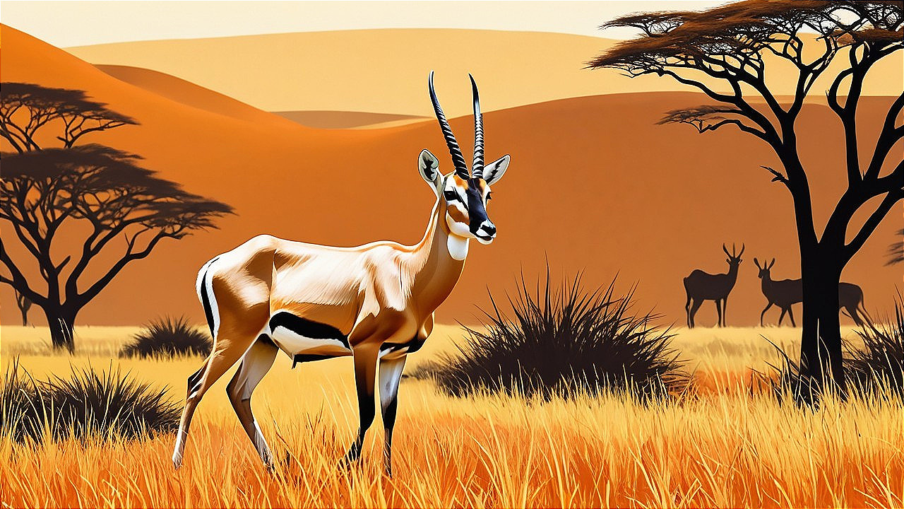 Stylized Antelope in Golden Savanna Landscape