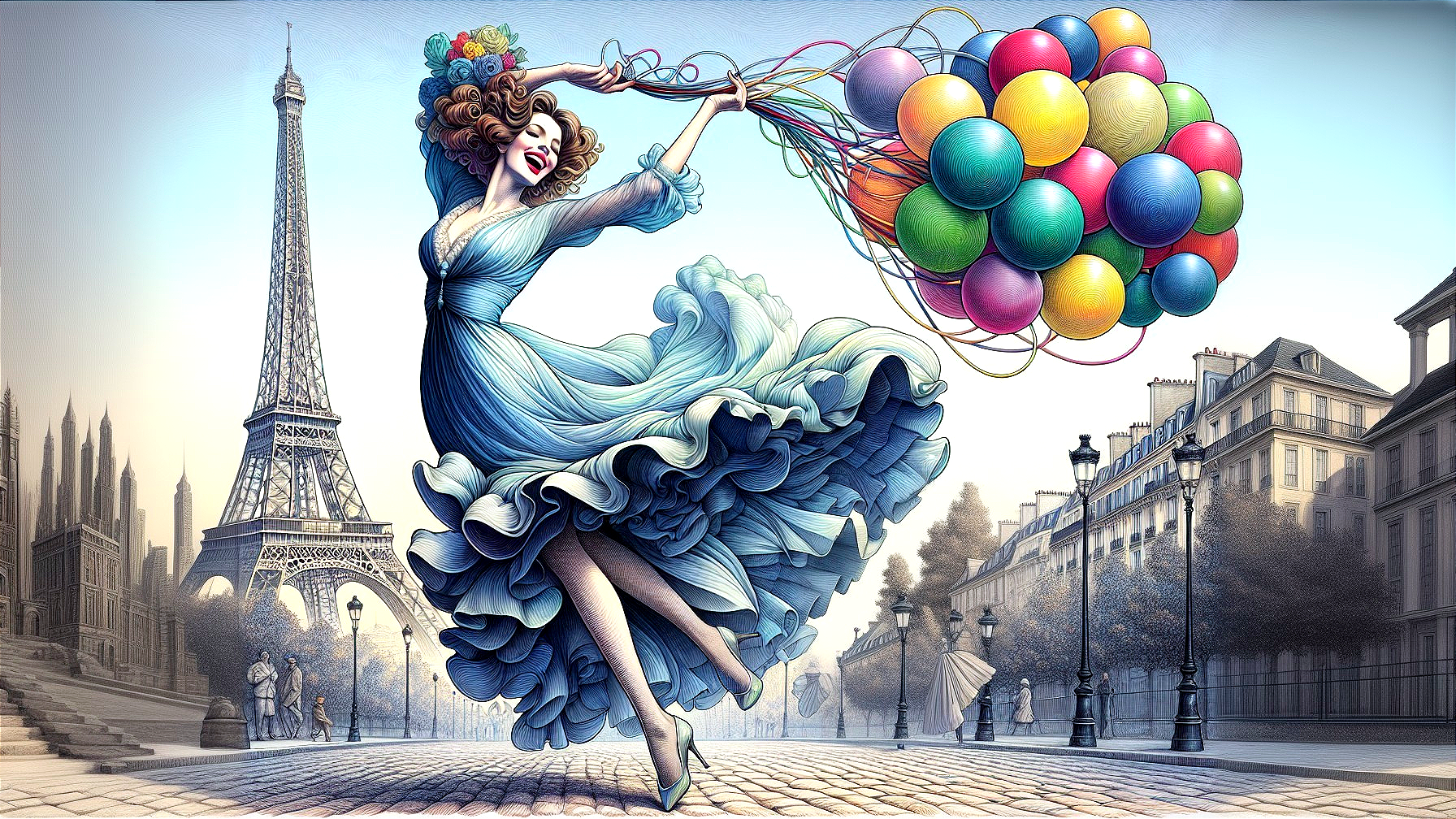 Woman in Blue Dress Twirling with Balloons in Paris