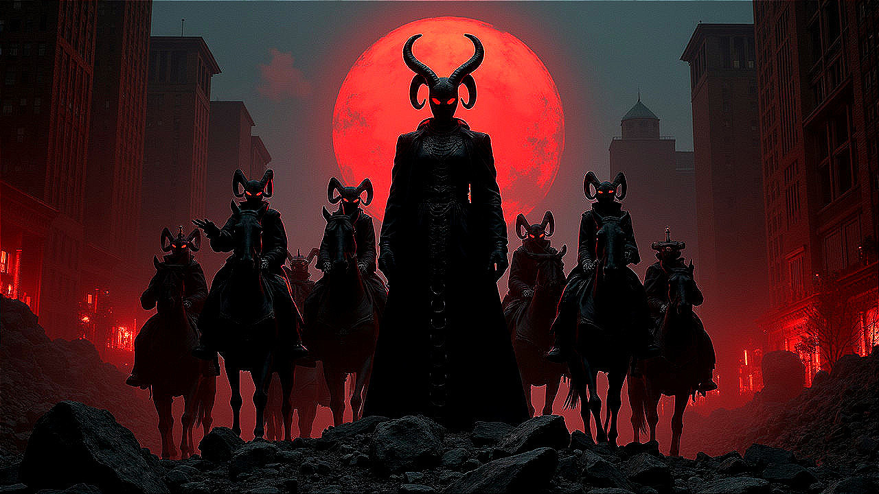 Dark Scene with Horned Figures Under Blood-Red Moon