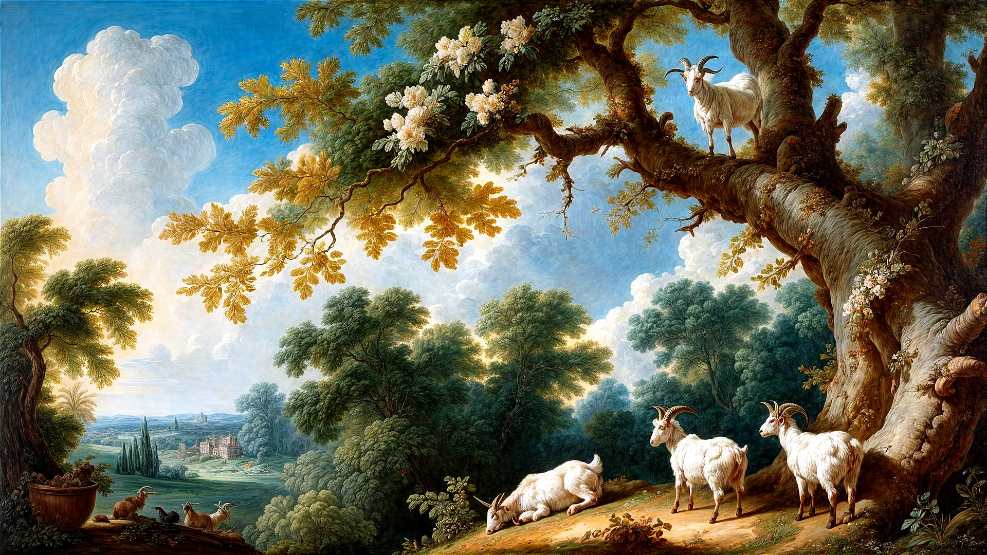 Pastoral Scene with Goats and Majestic Oak Tree