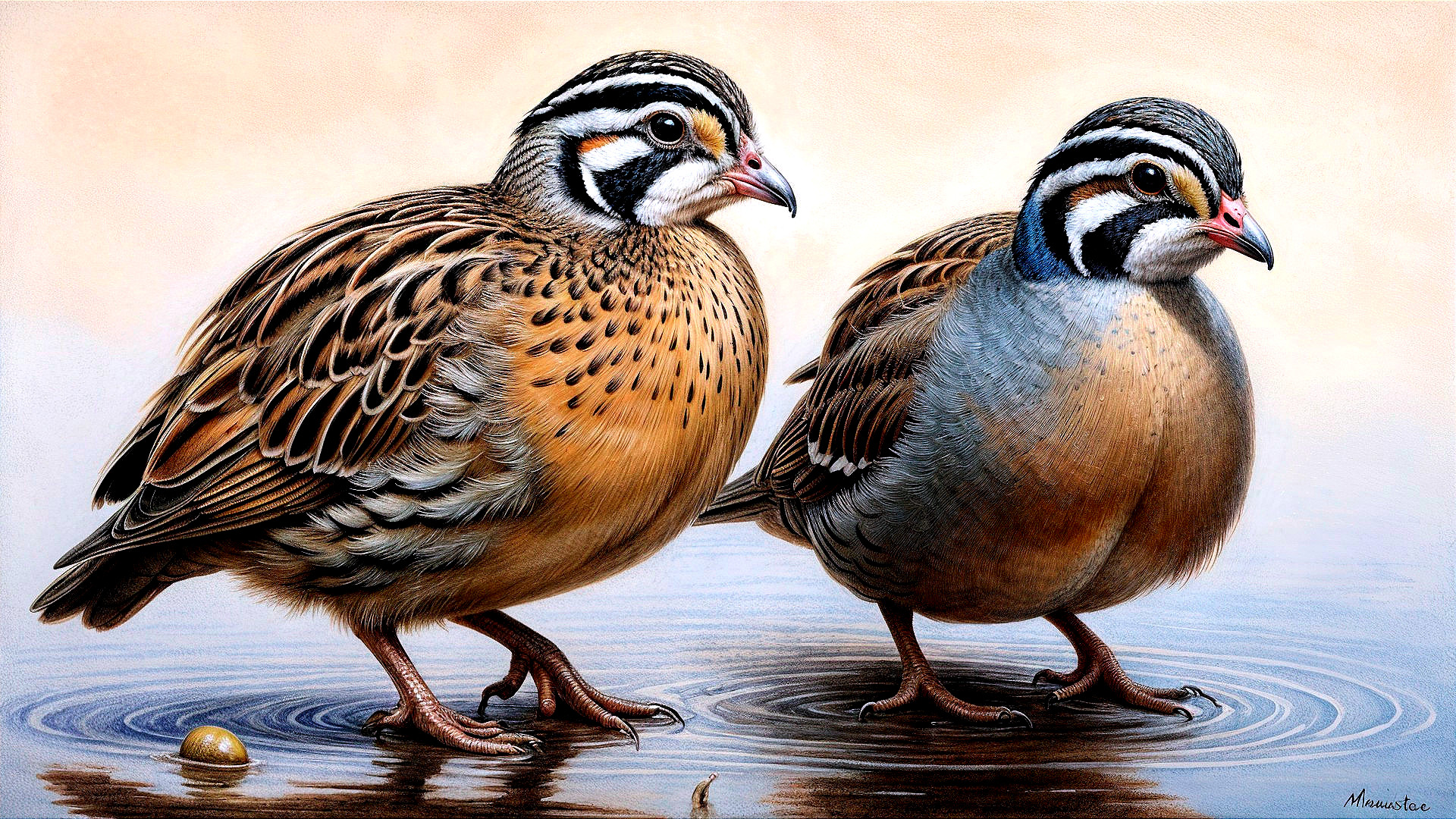 Small Birds by Water with Intricate Feather Patterns