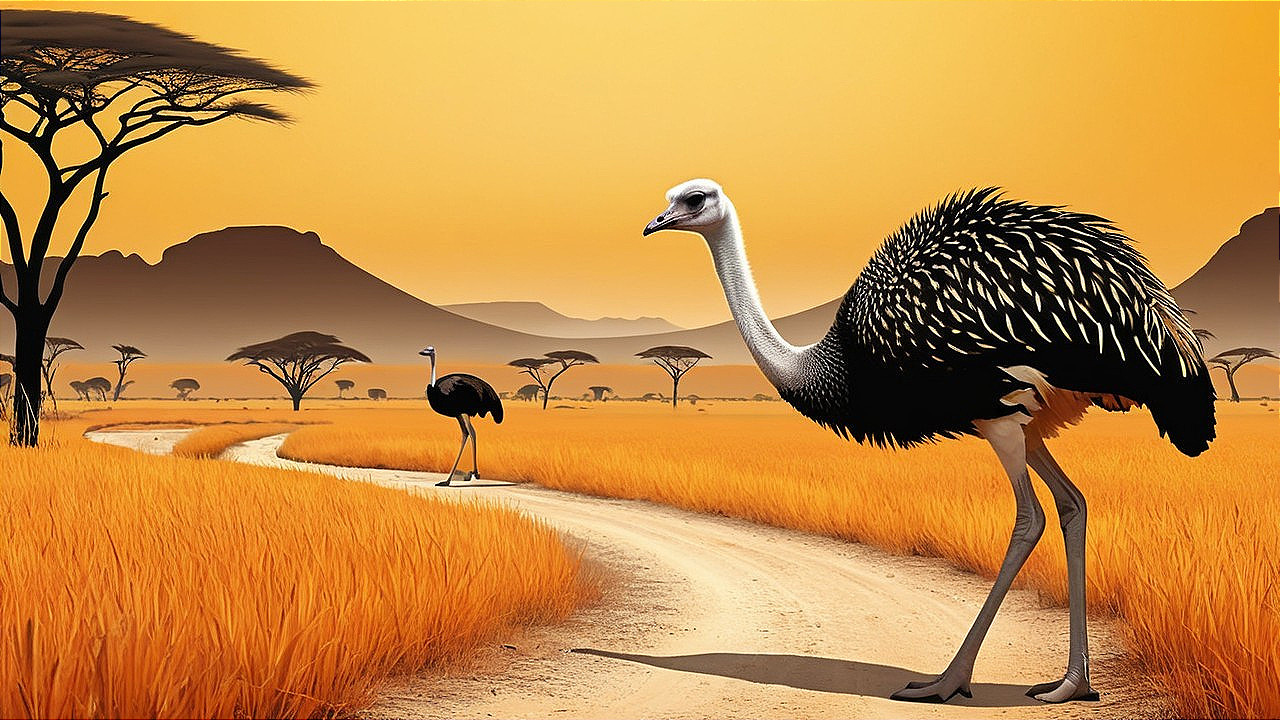 Ostriches in a Vibrant Savanna Landscape at Dusk