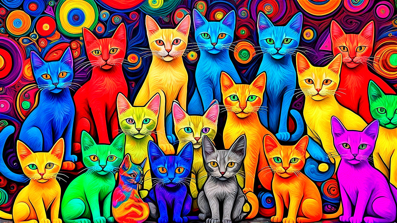 Vibrant Collage of Stylized Cats in Various Colors