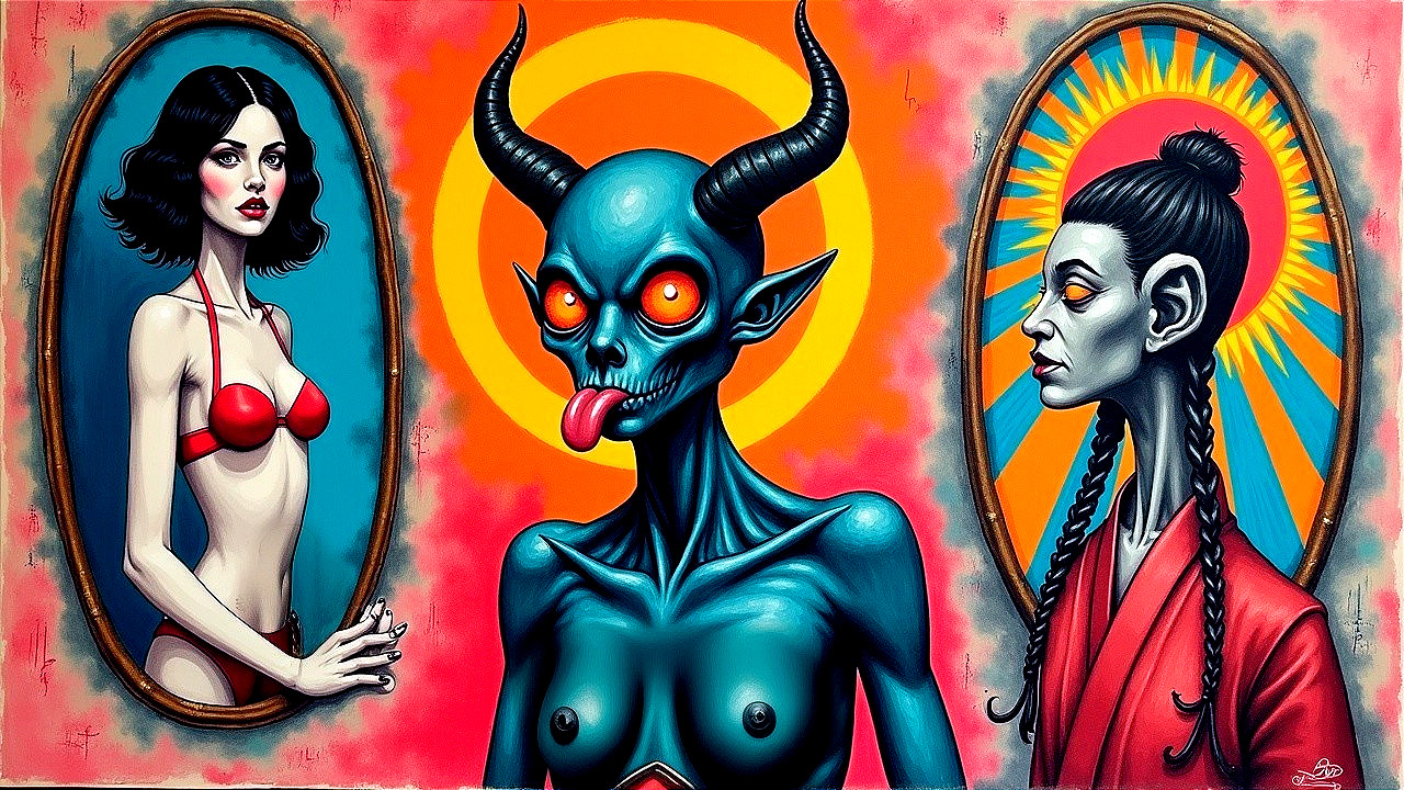 Surreal Artwork with Three Distinct Figures in Vivid Colors