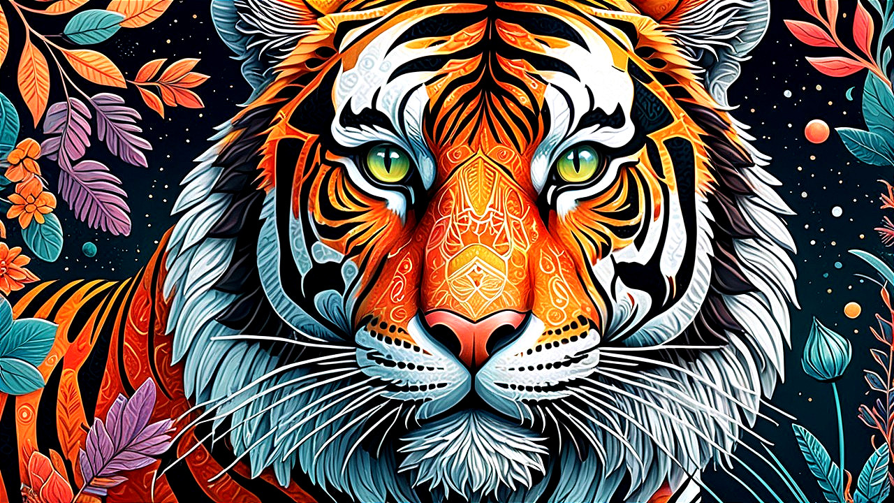 Vibrant Illustration of a Tiger with Floral Elements