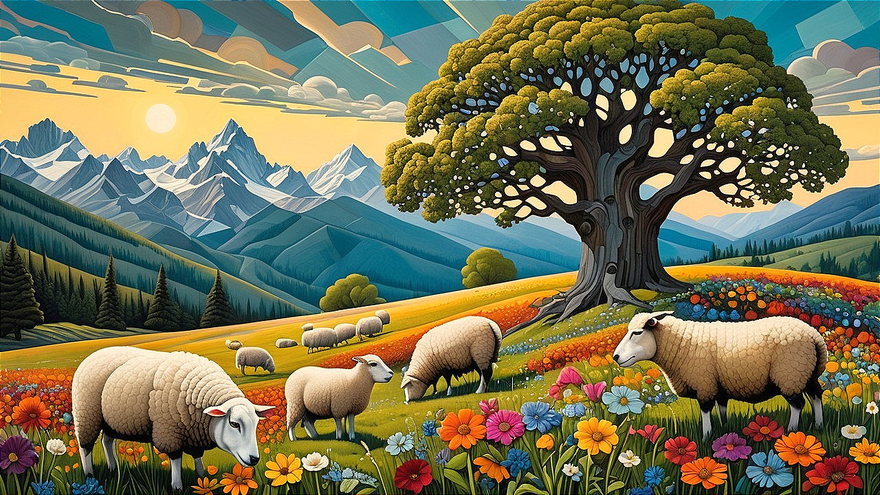 Idyllic Landscape with Tree, Sheep, and Mountains