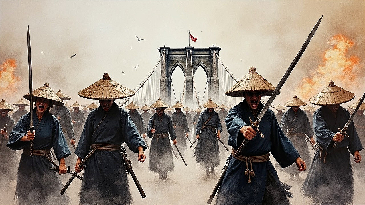 Warriors in Traditional Attire Advance Near Brooklyn Bridge