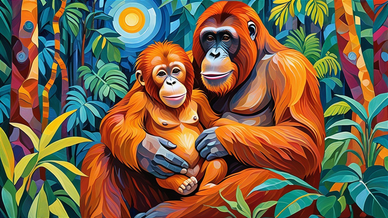 Colorful Illustration of Orangutan and Offspring in Jungle