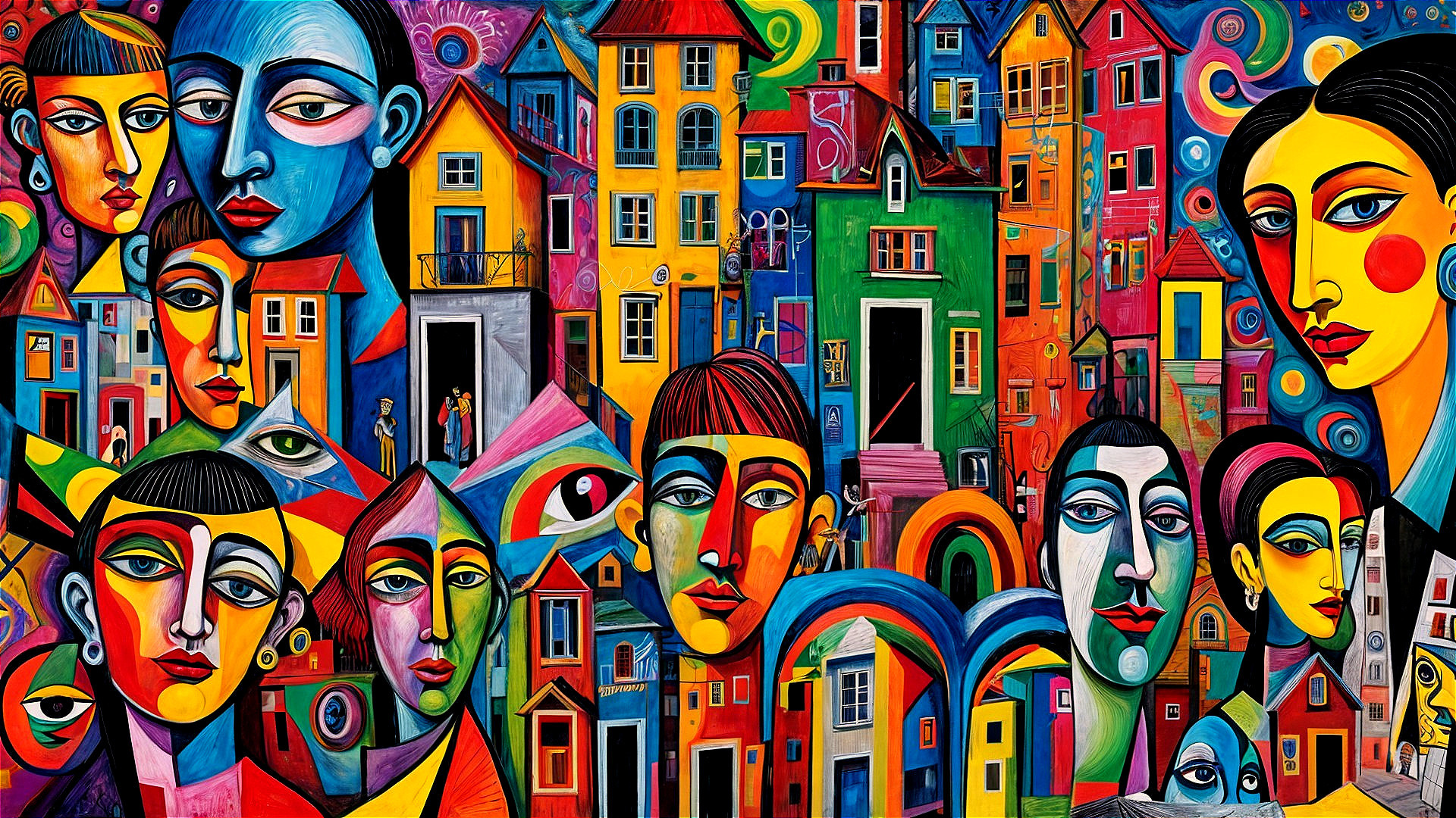 Vibrant Cityscape with Colorful Houses and Figures