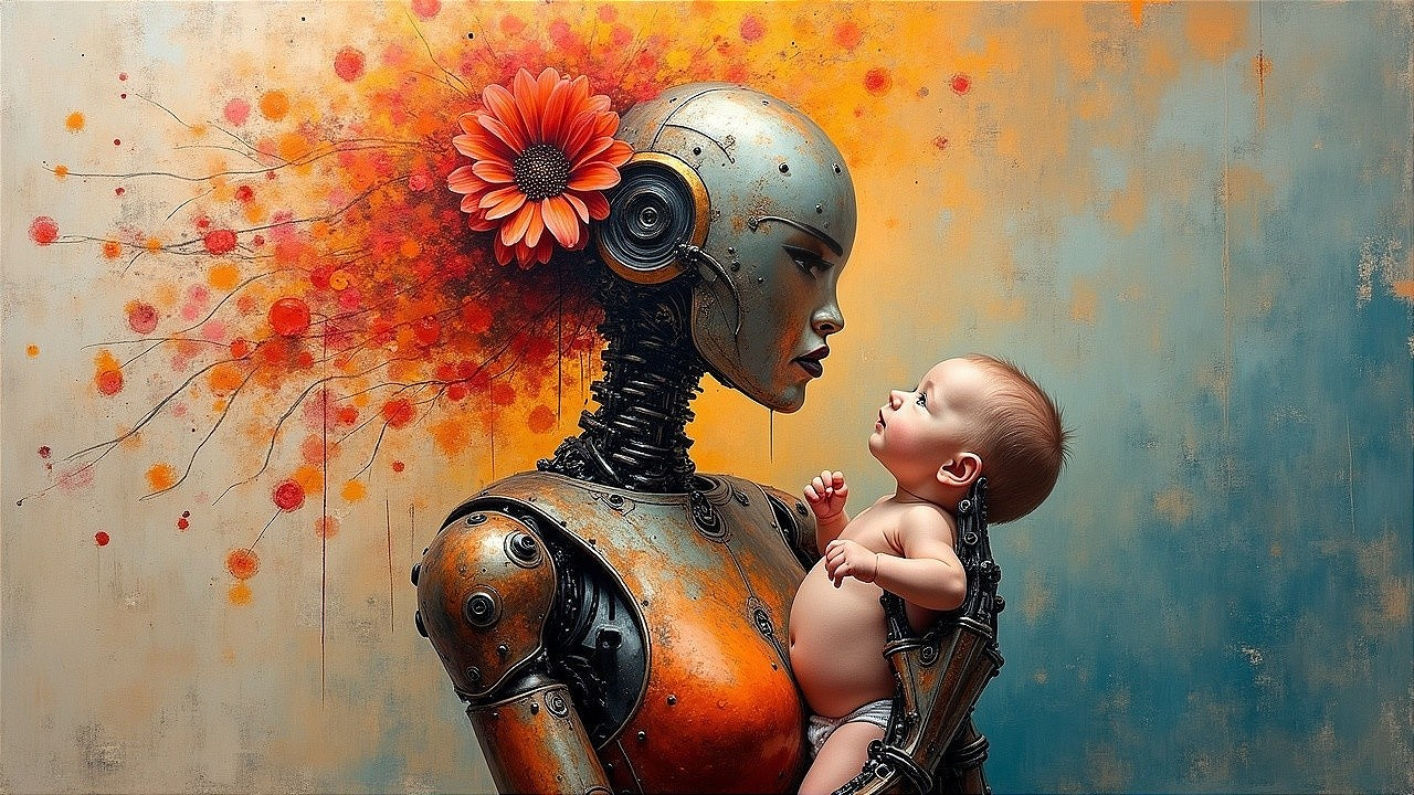 Robot Cradling Infant with Flower in Colorful Background