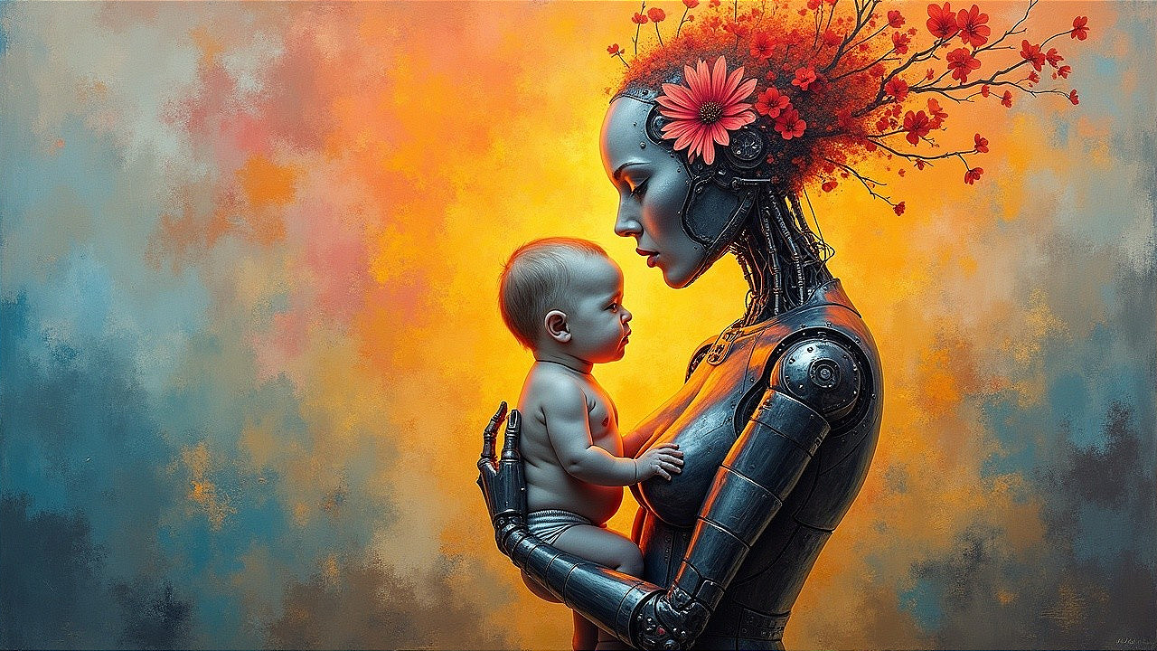Futuristic Robot and Human Baby in Colorful Setting